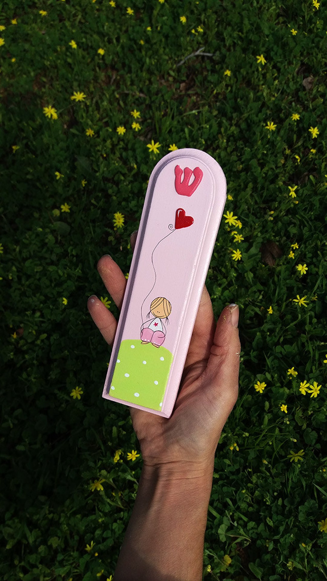 Pink Baby Girl Mezuzah Case Original Hand Painted Mezuzah Judaica