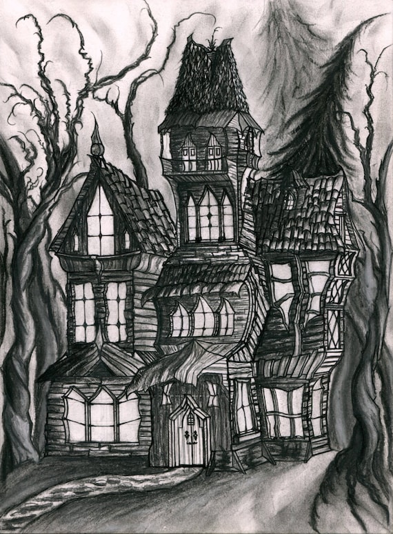 Print Of An Original Drawing Of A Haunted House Dark Fantasy Mood Optional Framing Wall Art Print For Home Or Office Charcoal Pencil