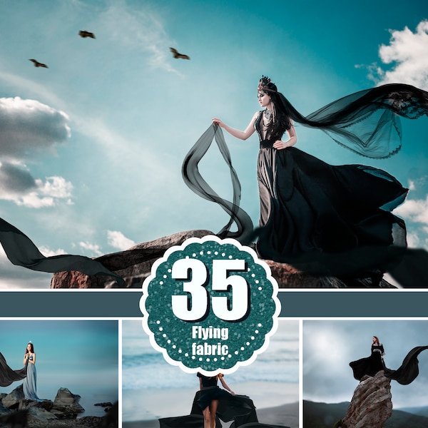 35 superpositions de photos de robe volante en tissu noir, superposition de mélange Photoshop, tissu fluide, satin de soie volant, superposition dramatique sombre, fichier png