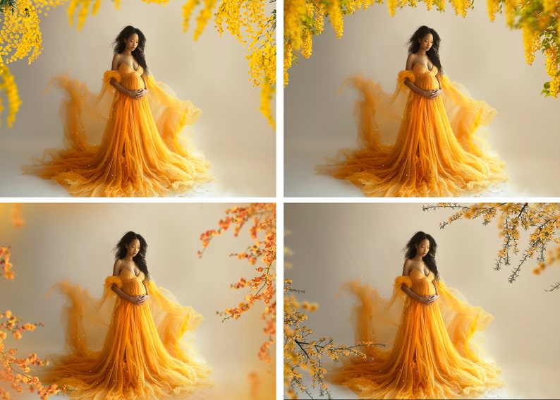 May include: A pregnant person in a yellow tulle gown stands in front of a white background with yellow flowers hanging above. The gown has a flowing skirt and a sweetheart neckline.