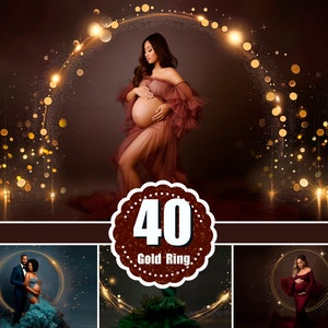 May include: A pregnant woman in a pink dress stands in front of a gold glitter background with a large gold ring around her. The ring has the number 40 written on it and the words "Gold Ring".