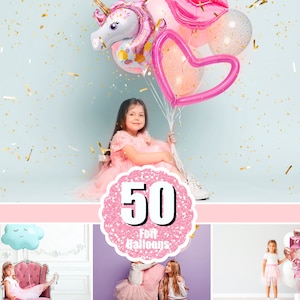 50 Pink Gold foil Number Balloons, Photoshop Mix Overlays, digital backdrop, Balloon unicorn clipart, birthday, holiday, party, png
