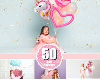 50 Pink Gold foil Number Balloons, Photoshop Mix Overlays, digital backdrop, Balloon unicorn clipart, birthday, holiday, party, png