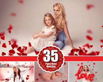 35 rote Papierherzen zum Valentinstag, Foto-Overlays, wehendes Liebesherz, wehende Küsse, Valentinstag-Hochzeit-Photoshop-Mix, Glitzer-Overlays png