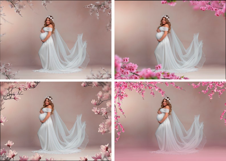 May include: A pregnant woman in a white gown with a flowing veil stands in front of a pink background with white and pink flowers.