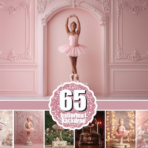 May include: A collection of 65 digital photography backdrops featuring ballerinas in various settings, including pink ornate rooms, floral gardens, and bokeh light scenes. The central graphic displays the text 65 ballerina backdrop.