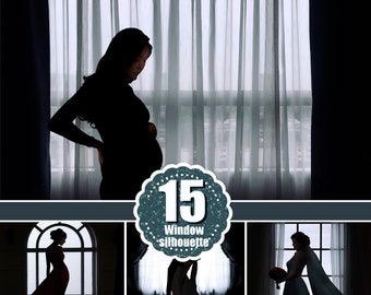 15 Window silhouette maternity, black sheer curtain wall decor digital background, digital backdrop, Portrait photo, Photoshop Overlays, jpg