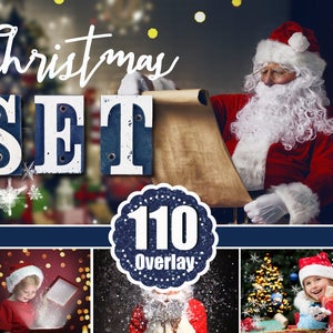 110 Christmas set pack photo overlay, Winter snow light snowflake fireworks wordart santa magic fairy bokeh overlay, Photoshop overlay, png