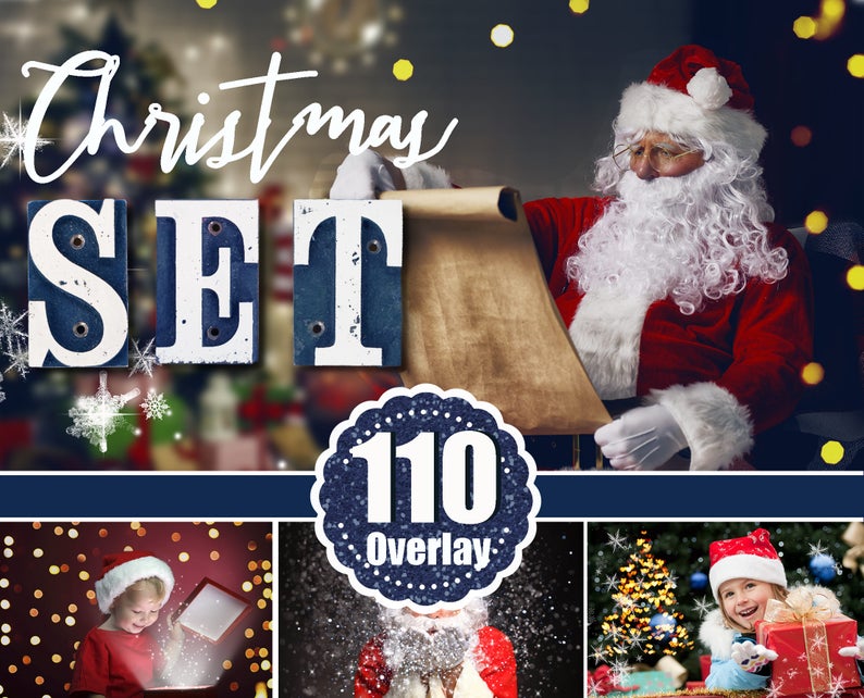 110 Christmas set overlays, backdrops, snow, lights, snowflake, fireworks, wordart, santa, magic lightg, glitter, winter, holiday, new year
