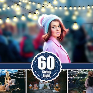 Puede incluir: Una mujer con un abrigo rosa y un gorro de punto blanco y azul se encuentra frente a un fondo azul con una cadena de luces colgando sobre ella. Las luces son blancas y amarillas. El texto "60 String Light" está en un círculo azul con brillo blanco.