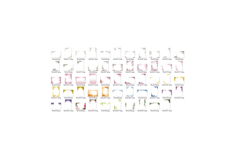 May include: A set of 27 digital floral corner frames in PNG format. The frames feature various colors and styles, including pink, purple, blue, green, and gold. The frames are perfect for adding a touch of elegance to your digital designs.