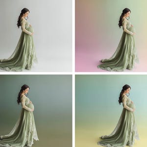 K&ouml;nnte beinhalten: Eine schwangere Person in einem langen, flie&szlig;enden gr&uuml;nen Kleid mit Spitzendetails, stehend vor verschiedenen farbigen Hintergr&uuml;nden.