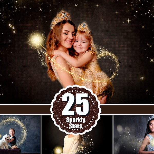 25 Sparkle stardust photo overlay,  Christmas magic Wand Photoshop overlay, Golden glitter, Gold Stars, light shine effect, fairy dust, png