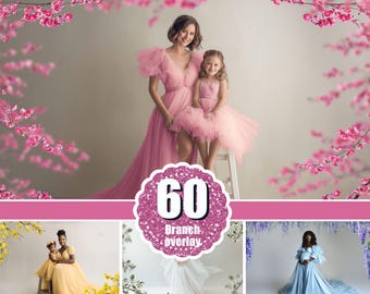 60 Spring summer floral frame overlay, Maternity backdrop, tree branch,  Blurred flower, Photo Overlays, Digital  Backdrop, Photo art, png