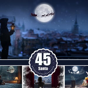 45 Święty Mikołaj lecący nad księżycem, nakładka na okno, nakładki Photoshopa, tło świąteczne, lampki choinkowe, Czekając na Świętego Mikołaja, jeleń Sanra, png