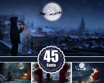 45 Santa flying over the moon, window overlay, Photoshop overlays, Christmas background, fairy lights, Waiting For Santa, Sanra deer, png