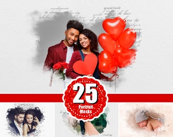 25 Valentine portrait photo mask, Watercolor painted photo masks, Clipping mask, Photoshop overlay, Watercolour  effect, Frame overlay, png
