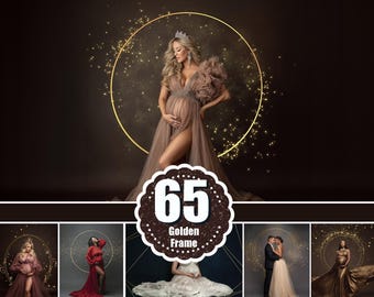 65 Gold circle overlay. Frame circles shine ring light background. Studio maternity backdrop. Magic fairy effects, Photoshop overlay, png