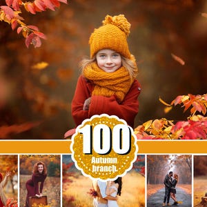 Könnte beinhalten: Eine digitale Sammlung von 100 Autumn branch Fotovorgaben mit einem zentralen goldenen Abzeichen mit dem Text 100 Autumn branch. Die Collage zeigt verschiedene Außenaufnahmen mit Personen in Herbstkleidung und leuchtend orangefarbenem und rotem Laub.