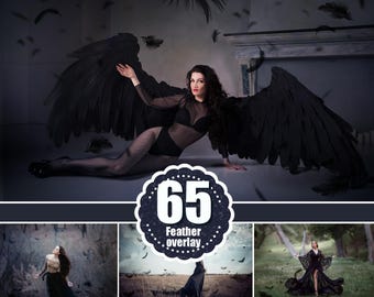 65 Black feather overlay, Photoshop overlay, Angel black fairy wing,  Flying feather overlay, Falling feather, Digital background, png