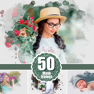 50 máscaras de retrato en acuarela, máscaras de pintura para fotos, superposición de marco, superposición de Photoshop, máscara de recorte, efecto acuarela, marco de Photoshop, png