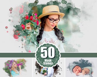 50 Watercolor portrait mask, Paint photo masks, Frame overlay, Photoshop overlay, Clipping mask, Watercolor effect, Photoshop frame, png