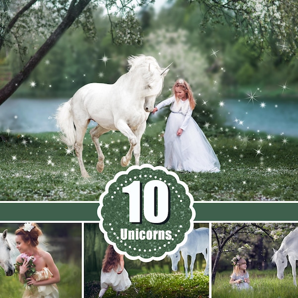 10 superposiciones majestuosas de caballos unicornios, animales realistas, caballos blancos, superposiciones de mezcla de Photoshop, fantasía, magia, hada, superposiciones digitales de estrellas, png