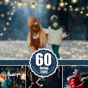 May include: A collage of images featuring string lights. The first image shows a girl with a pony in a snowy setting with string lights overhead. The second image shows a woman in a dark room with string lights hanging from the ceiling. The third image shows a couple kissing in a snowy setting with string lights overhead. The text "60 String Light" is in the center of the collage.