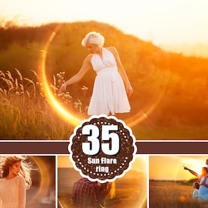 35 Sun ring lens flare overlays, rainbow lens flare, natural sun light, sunbeam, sunlight, sun rays, haze photo overlay, jpg