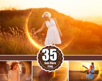 35 Sun ring lens flare overlays, rainbow lens flare, natural sun light, sunbeam, sunlight, sun rays, haze photo overlay, jpg