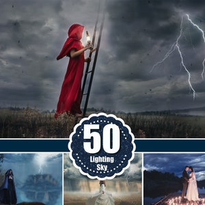 May include: A collection of 50 lighting sky overlays for digital editing. The overlays feature dramatic stormy skies with lightning bolts and a dark, moody atmosphere.