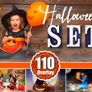 May include: A set of 110 Halloween overlays for digital photos. The overlays feature pumpkins, bats, ghosts, and other Halloween imagery. The overlays are perfect for adding a spooky touch to your photos.