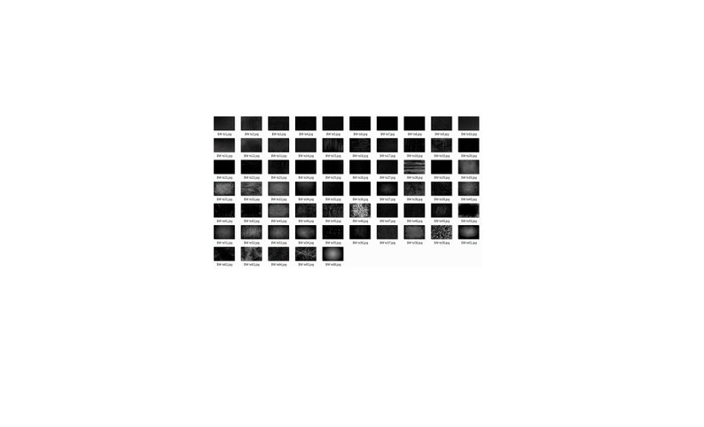 May include: A digital contact sheet displaying a grid of sixty-four small, rectangular thumbnail images. Each thumbnail features a unique grayscale pattern, texture, or abstract design, with a small text label below each individual image.