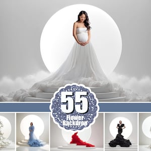 Pode incluir: Uma mulher em um vestido de maternidade branco está em frente a um grande círculo branco brilhante. O vestido tem uma cauda fluida. A imagem inclui o texto "55 Flower Backdrop" em um distintivo decorativo e quatro imagens adicionais de vestidos de maternidade.