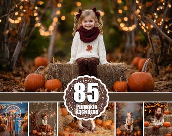 85  Autumn pumpkin digital background, Fall backdrop bundle, Patch forest swing floral. Digital download