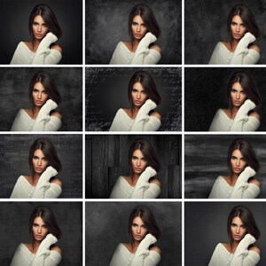 May include: A collection of twelve portraits featuring a person with dark hair wearing an off-the-shoulder white knitted sweater. The person is posed with one hand near their face, set against various dark, textured, and patterned backgrounds.