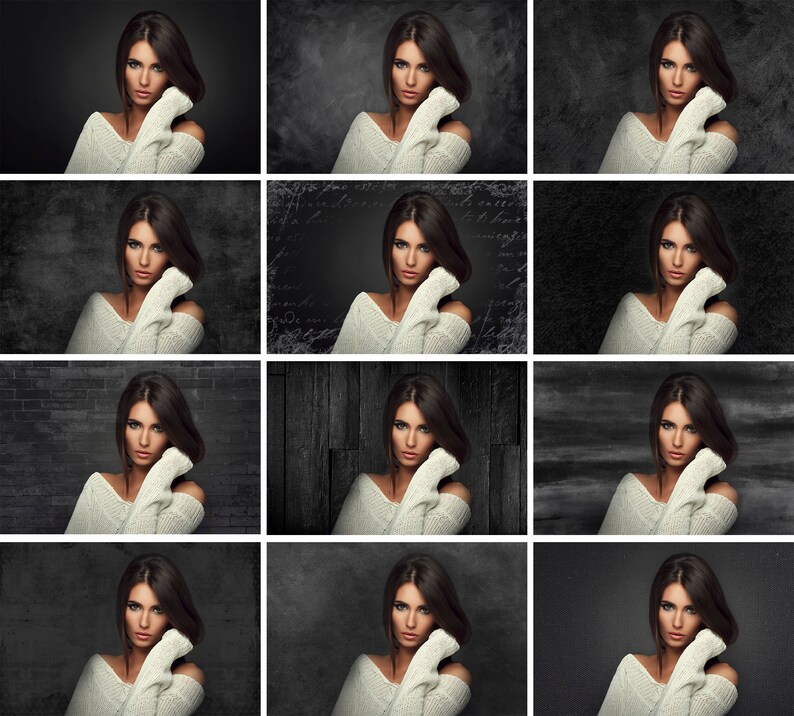 May include: A collection of twelve portraits featuring a person with dark hair wearing an off-the-shoulder white knitted sweater. The person is posed with one hand near their face, set against various dark, textured, and patterned backgrounds.