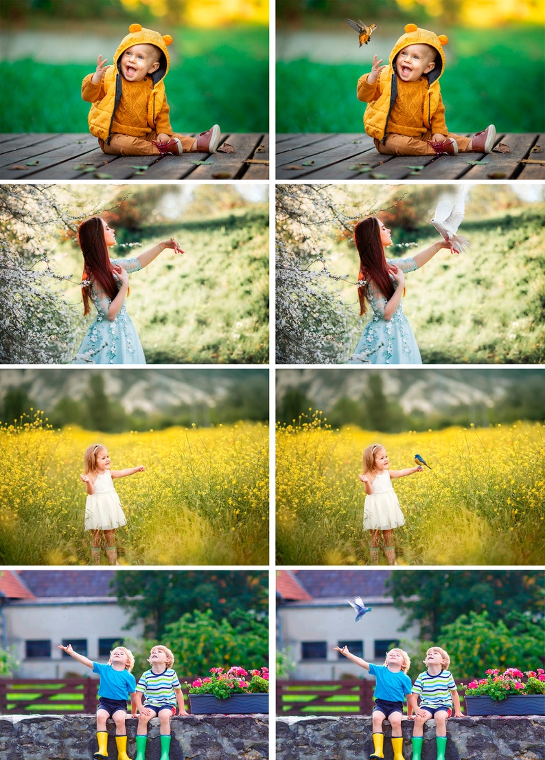 May include: A collage of four images featuring children interacting with birds. The top left image shows a child in a yellow jacket reaching out to a bird. The top right image shows a child in a yellow jacket reaching out to a bird. The bottom left image shows a child in a white dress reaching out to a bird. The bottom right image shows two children in blue shirts and yellow rain boots reaching out to a bird.