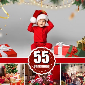 May include: A red and white Christmas countdown with the number 55 and the text "Christmas." The image also shows three different scenes of children celebrating Christmas with presents and a Christmas tree.