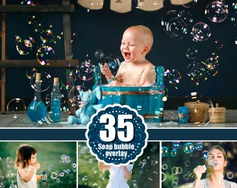 35 Bubbles Photoshop Mix Overlays, Realistic Soap air bubbles Photo effect, Outdoor summer children photo Sessions, Professional Retouching,