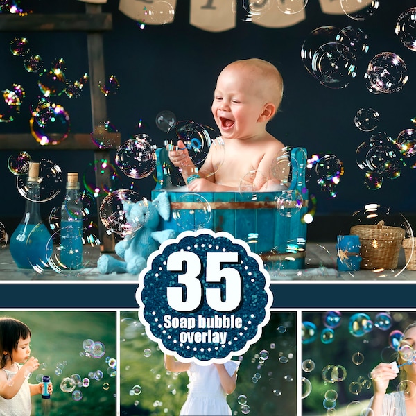 35 Blasen Photoshop Mix Overlays, realistische Seifenluftblasen Fotoeffekt, Outdoor-Sommer-Kinderfotosessions, professionelle Retusche,