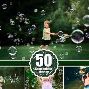 May include: A collection of 50 soap bubble overlays for digital editing. The overlays feature various sizes and shapes of bubbles, perfect for adding a whimsical touch to photos.