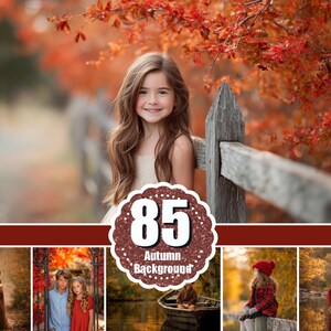 May include: A digital collection of 85 autumn background images featuring various outdoor scenes with fall foliage, wooden fences, a small boat on water, and natural landscapes, presented as a collage with the text 85 Autumn Background.