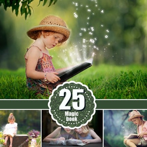 Può includere: Un collage di tre immagini che mostrano bambini che leggono libri con effetti magici. La prima immagine mostra una ragazza con un cappello di paglia che legge un libro con lettere e scintille che ne escono. La seconda immagine mostra due ragazze che leggono un libro insieme. La terza immagine mostra una ragazza con una camicia rosa che legge un libro con scintille che ne escono. Il testo sull'immagine dice "25 Magic Book".
