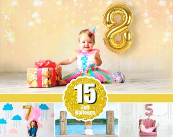 15 palloncini con numeri in lamina, sovrapposizioni di Photoshop Mix, oro, argento, sfondo digitale, palloncino, compleanno, vacanza, sovrapposizione di foto, clipart, png