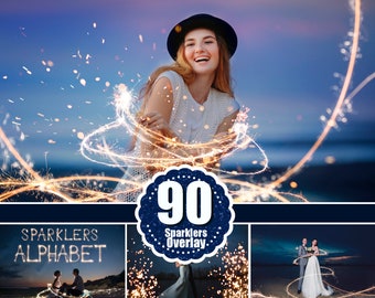 90 Sparklers alphabet, Photoshop overlays, long exposure layer, Light painting, Digital backdrop, wedding christmas night, sparkler