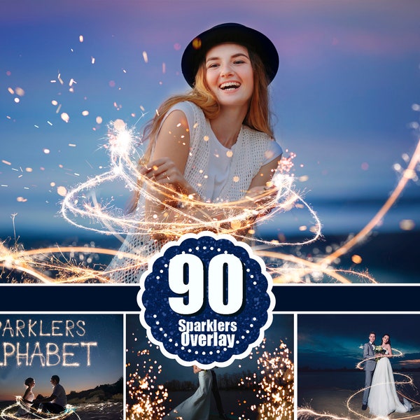 90 Sparklers alphabet, Photoshop overlays, long exposure layer, Light painting, Digital backdrop, wedding christmas night, sparkler