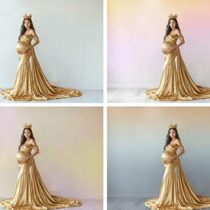 K&ouml;nnte beinhalten: Eine schwangere Person tr&auml;gt ein goldenes Kleid mit einem langen Schleier und einer goldenen Krone. Der Hintergrund ist ein Farbverlauf von hellrosa bis hellblau.