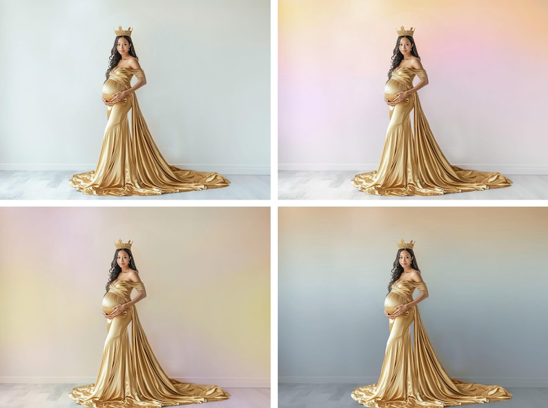 K&ouml;nnte beinhalten: Eine schwangere Person tr&auml;gt ein goldenes Kleid mit einem langen Schleier und einer goldenen Krone. Der Hintergrund ist ein Farbverlauf von hellrosa bis hellblau.