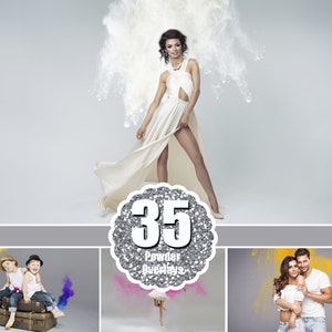 May include: A collection of 35 powder overlays for photos. The overlays are in various colors, including pink, blue, yellow, and green. The overlays are perfect for adding a touch of whimsy and color to your photos.
